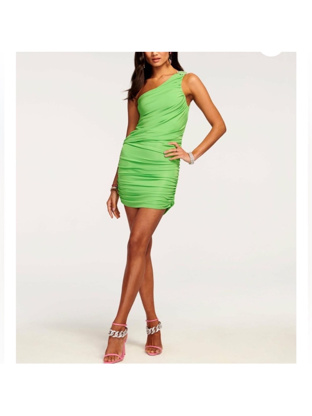 RAMY BROOK One-Shoulder Ruched Mini Dress - Neon Green. Size 10